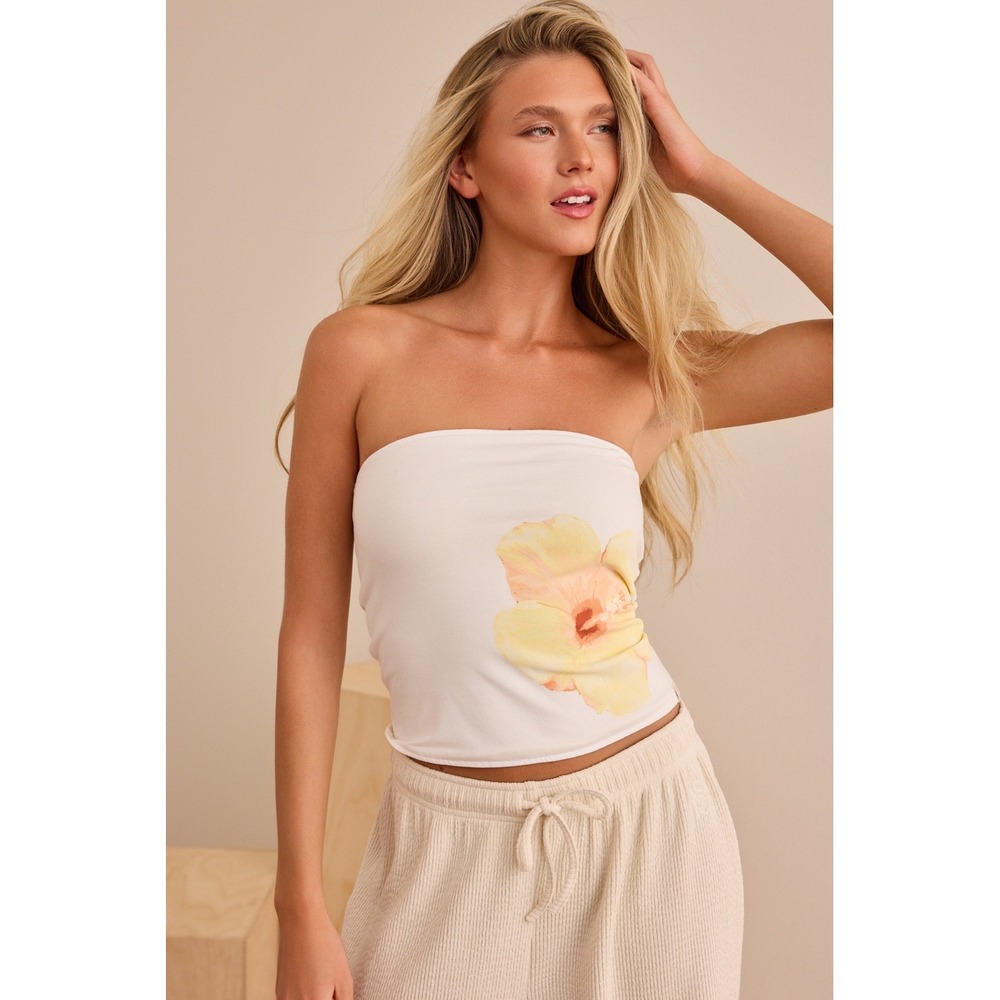 AS Revival Ivory Yellow Hibiscus Reversible Tube Top Size XS